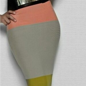 BCBG Max Azria Colorblock Bandage Skirt Bodycon Pencil Stretch Pink Beige Size L